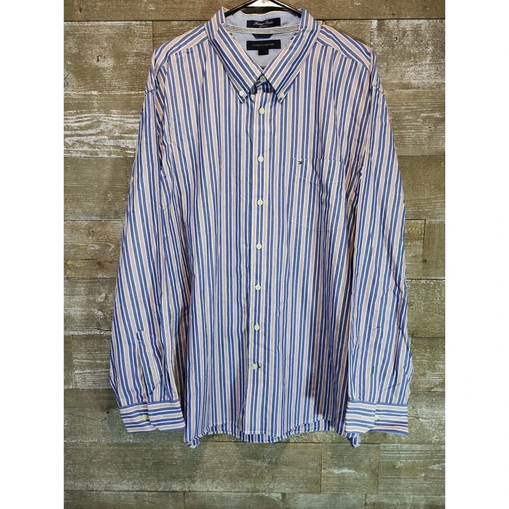 Tommy Hilfiger Shirt Mens 2XL Blue Stripe Heritage Poplin Button Down Casual